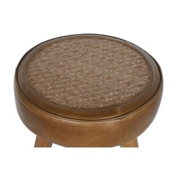 Stool Home ESPRIT Brown Camel Leather Wood Rattan 42 x 42 x 76 cm