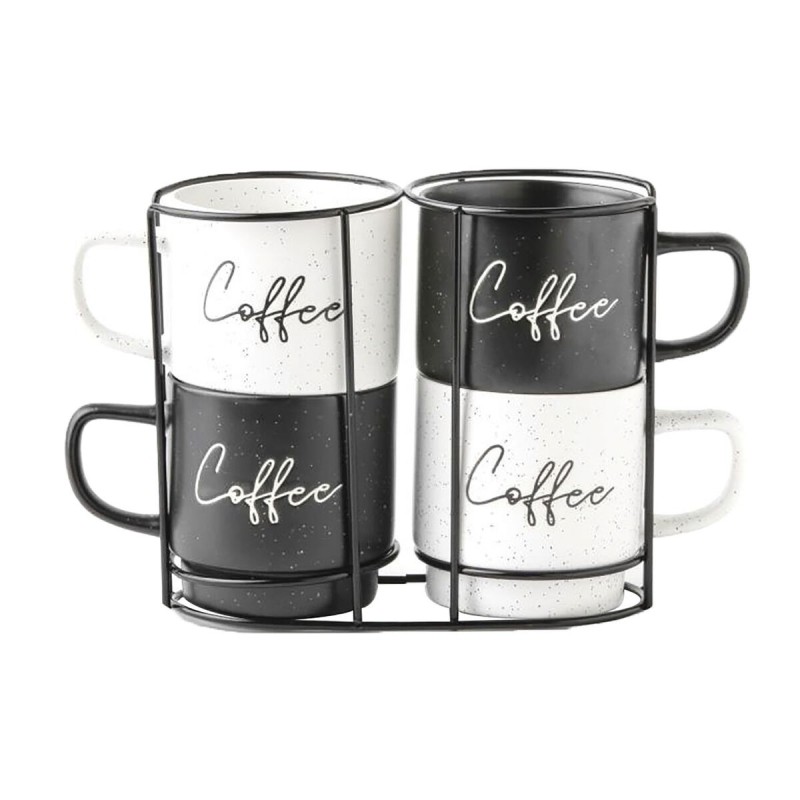 4 Piece Mug Set Home ESPRIT White Black Metal Porcelain 380 ml 13 x 9 x 9 cm