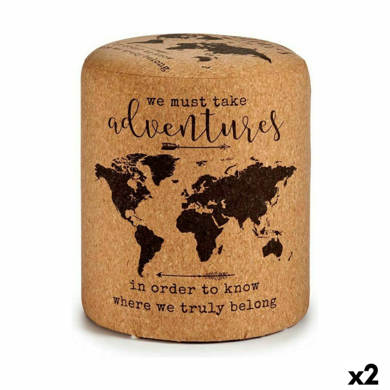 Pouffe World Map Brown Cork MDF Wood 34 x 39 x 34 cm (2 Units)