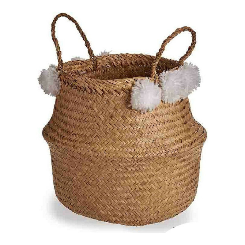 Basket White Brown Natural Rushes Pompoms 25 L