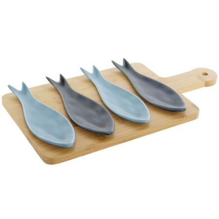 Appetizer Set Home ESPRIT Blue Green Navy Blue Bamboo Porcelain Mediterranean Fish 36 x 18 x 1,3 cm 5 Pieces