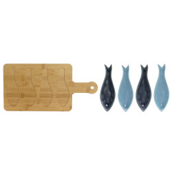 Appetizer Set Home ESPRIT Blue Green Navy Blue Bamboo Porcelain Mediterranean Fish 36 x 18 x 1,3 cm 5 Pieces