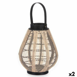 Candleholder Lantern With handle Beige Wood Cloth 25 x 30 x 25 cm (2 Units)