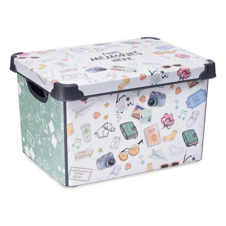 Storage Box with Lid Memories 29 x 23,5 x 39 cm White Green Plastic