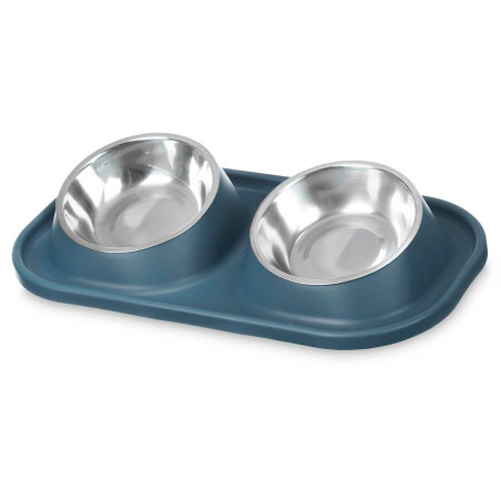 Dog Feeder Blue Metal 40 x 8,5 x 22 cm Double