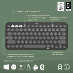 Bluetooth Keyboard with Support for Tablet Logitech K380 French Grey Graphite Dark grey AZERTY