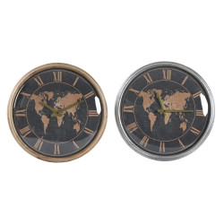 Wall Clock DKD Home Decor 46 x 6,5 x 46 cm Crystal Silver Black Golden Brown Iron World Map (2 Units)