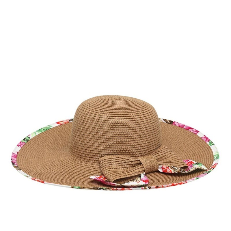 Wide-brimmed Straw Hat Flowers Pink