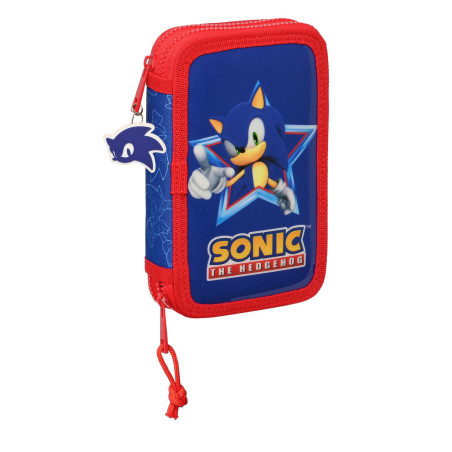 Double Pencil Case Sonic Let's roll Navy Blue 12.5 x 19.5 x 4 cm (28 Pieces)