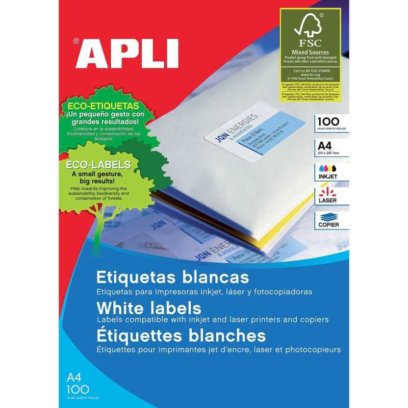 Adhesive labels Apli 100 Sheets 210 x 148 mm White