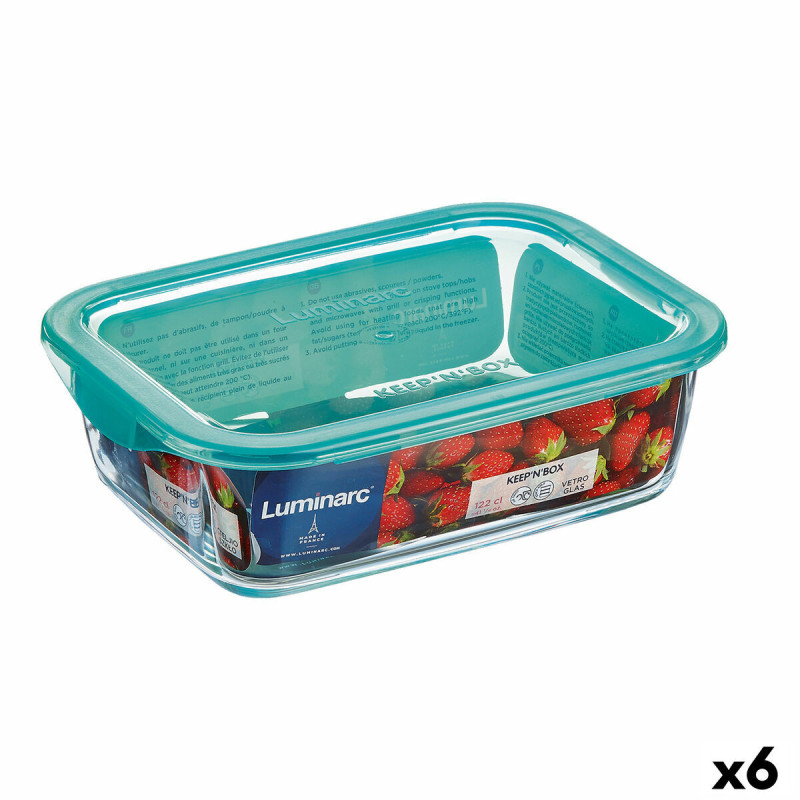 Rectangular Lunchbox with Lid Luminarc Keep'n Lagon 12 x 8,5 x 5,4 cm Turquoise 380 ml Glass (6 Units)