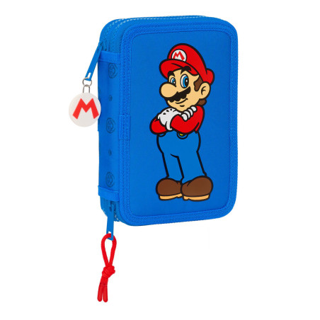 Double Pencil Case Super Mario Play Blue Red 12.5 x 19.5 x 4 cm (28 Pieces)