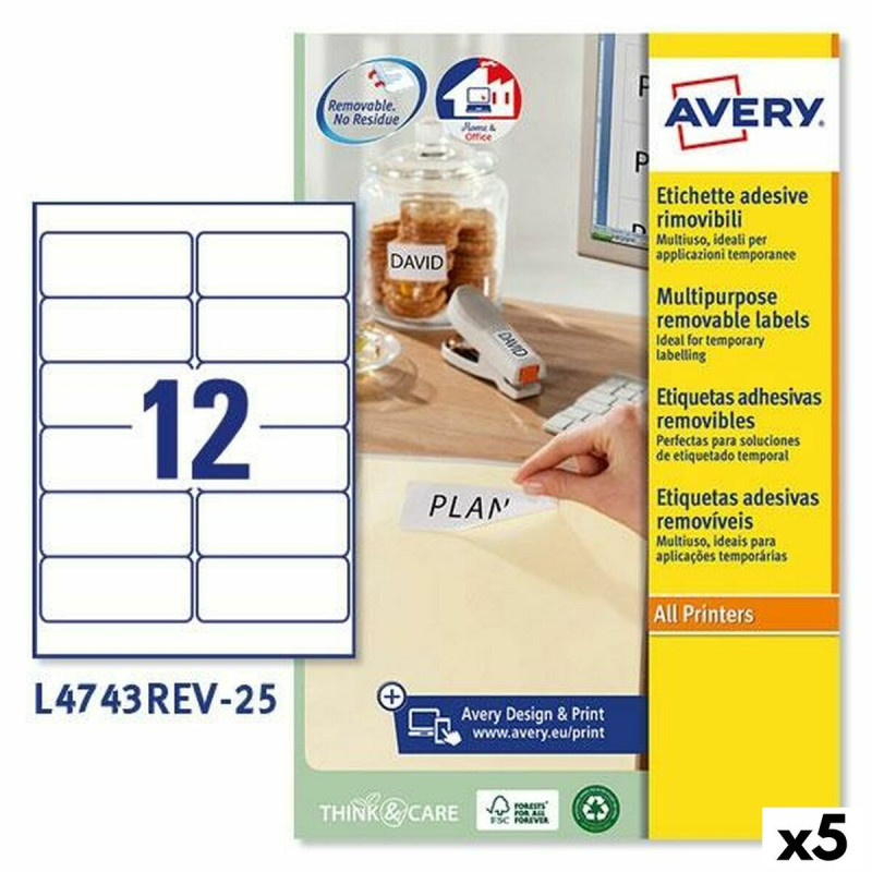 Printer Labels Avery L4743REV White 25 Sheets 99,1 x 42,3 mm (5 Units)