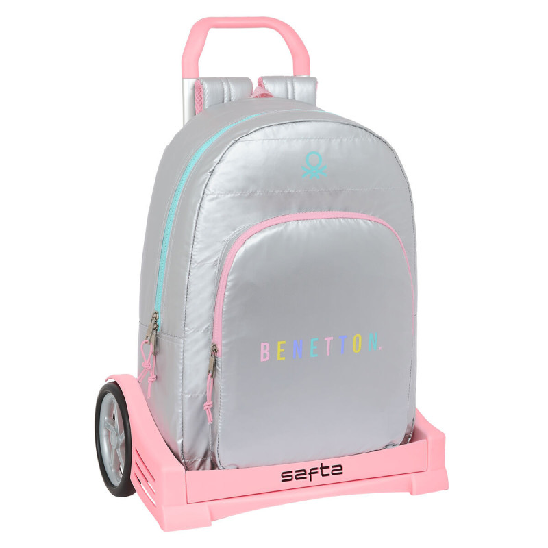 School Rucksack with Wheels Benetton Silver Padded Silver 30 x 46 x 14 cm