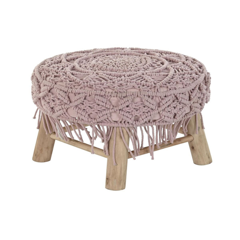 Footrest DKD Home Decor 48 x 48 x 30 cm Natural Wood Brown Light Pink Macrame Boho