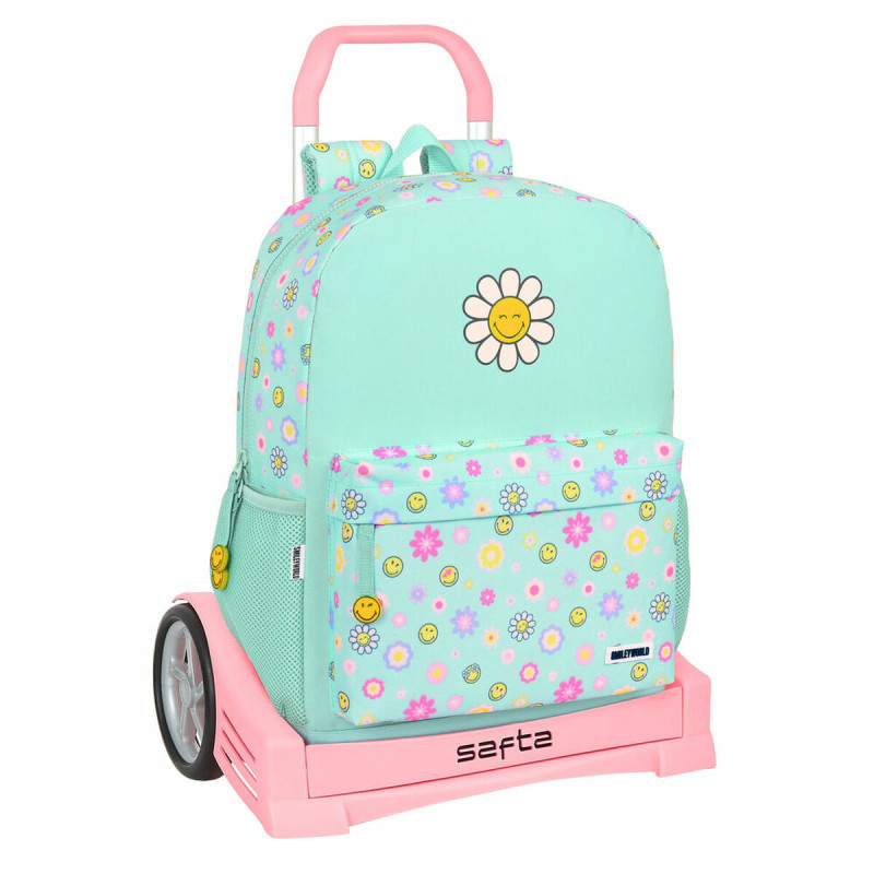 School Rucksack with Wheels Smiley Summer fun Turquoise 32 x 43 x 14 cm