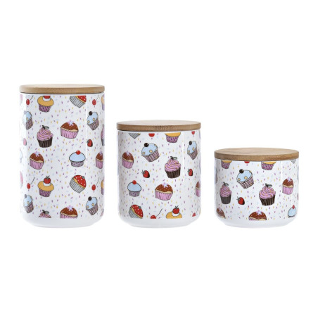 3 Tubs DKD Home Decor Natural White Multicolour Bamboo Stoneware 10 x 10 x 17 cm Cupcake