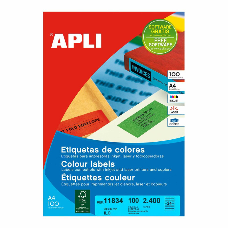 Adhesive labels Apli 100 Sheets fluoride 70 x 37 mm Yellow