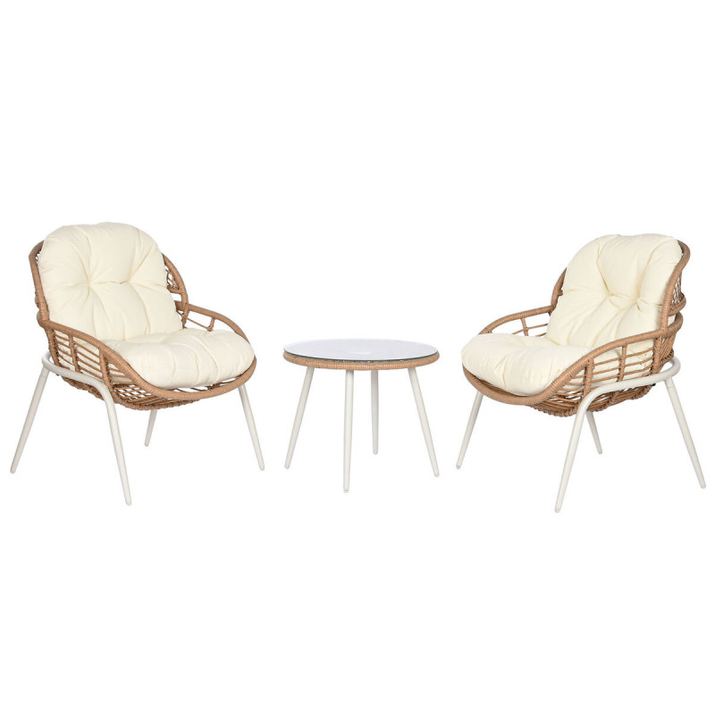 Table Set with 2 Armchairs Home ESPRIT White Beige Grey Metal Crystal synthetic rattan 55 x 55 x 47 cm