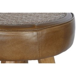 Stool Home ESPRIT Brown Camel Leather Wood Rattan 42 x 42 x 76 cm