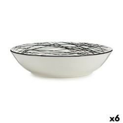 Deep Plate Stripes Black White Ø 20 cm Porcelain (6 Units)