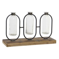 Vase DKD Home Decor Black Natural Metal Crystal Paolownia wood 38 x 11,5 x 23 cm (3 Pieces)